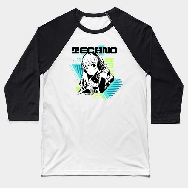 TECHNO  - Y2K Anime (black/lime/teal) Baseball T-Shirt by DISCOTHREADZ 